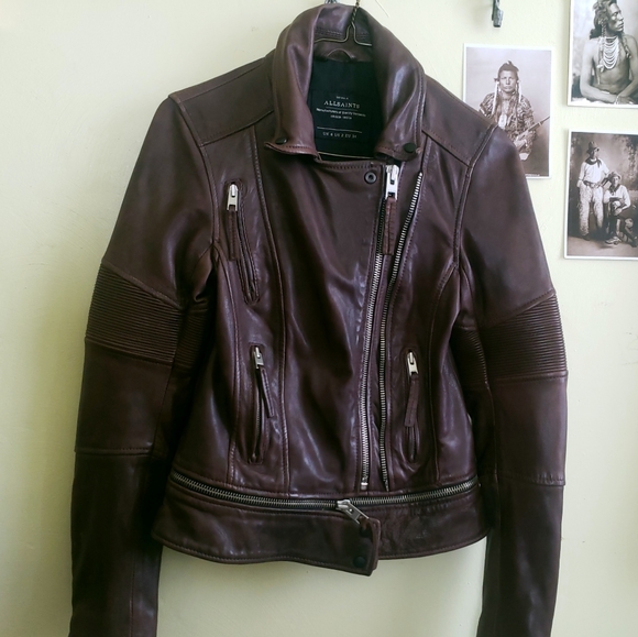 All Saints Leather Jacket Moto Biker Brown xs - Picture 9 of 15